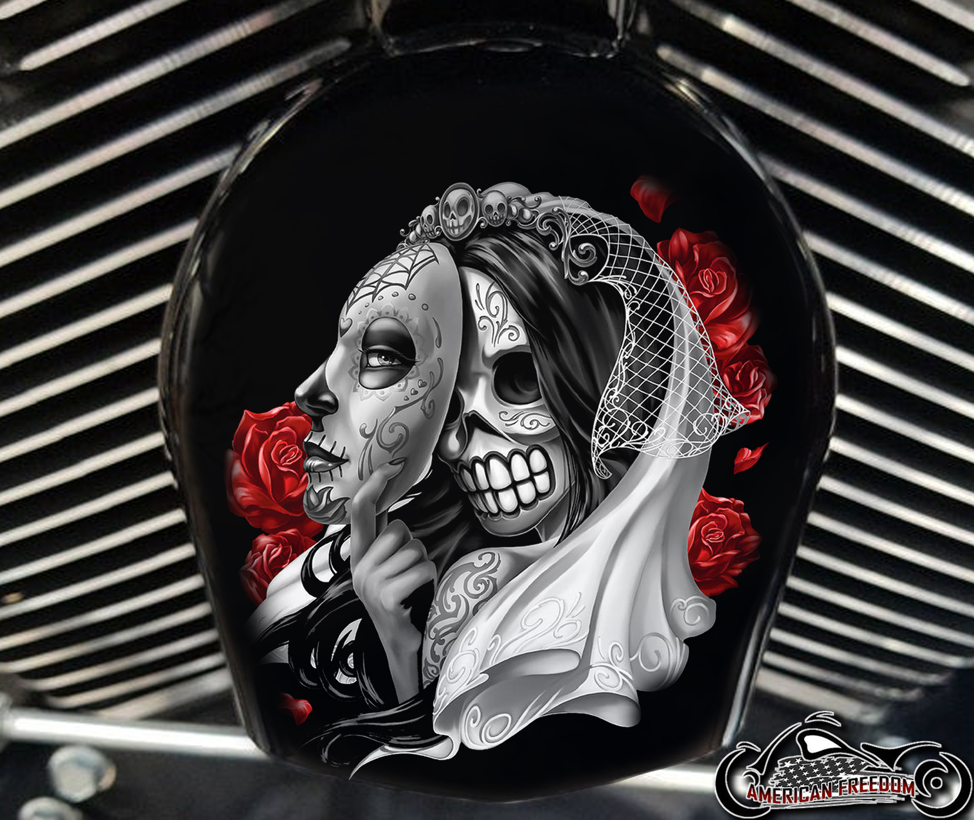 Custom Horn Cover - Day Of The Dead Roses Mask